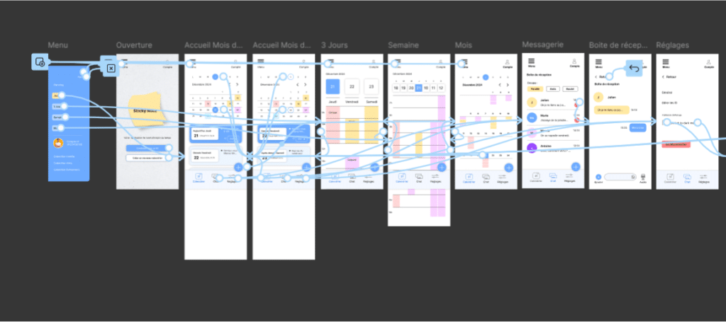 En phase de prototypage, je test le parcours utilisateur en créant des connexions entre les frame ( plan de travail) et visualise les interactions des futurs utilisateurs du produit.