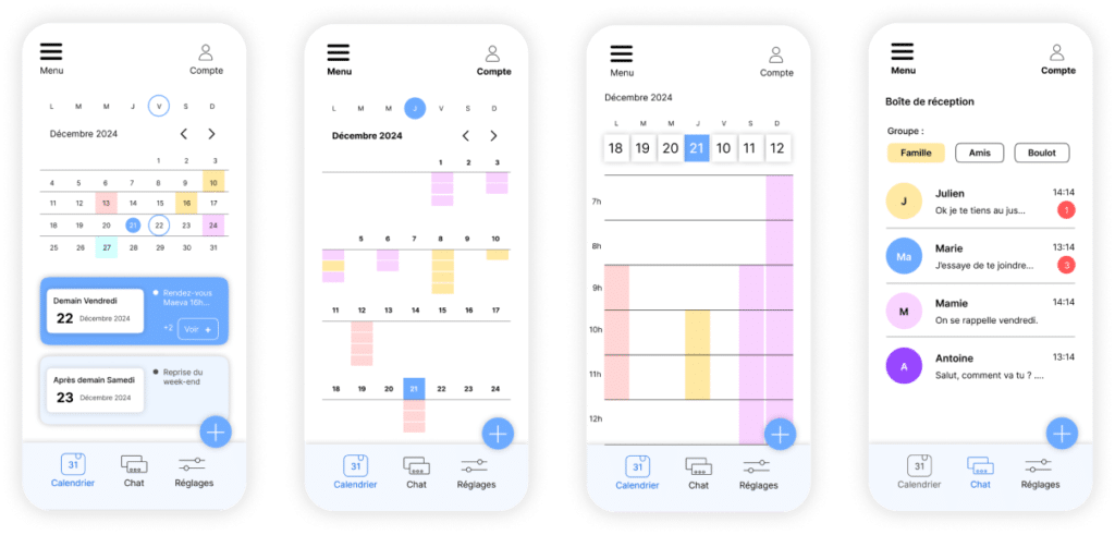 Maquette HI-FI ou haute fidélité d'une application mobile de calendrier. Design simple et épuré dans des couleurs pastel.