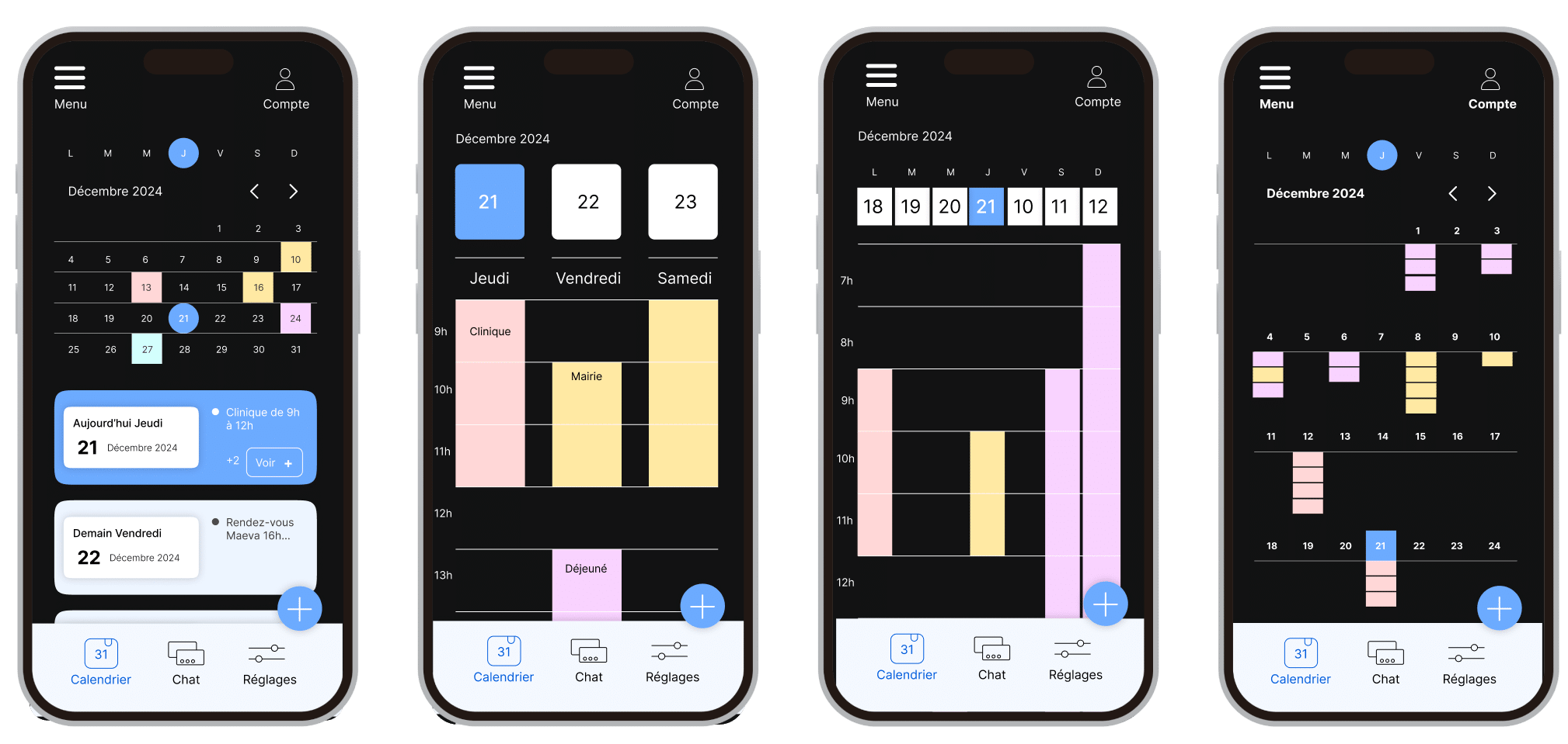 Maquette haute fidélité en version dark mode d'une application mobile de calendrier.