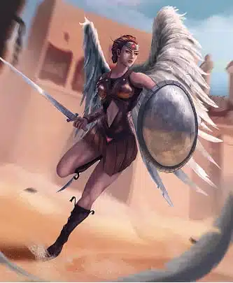 Illustration digitale d'une gladiatrice ailée avec bouclier et lance réalisée par un illustrateur à Grenoble – DesignbyZen