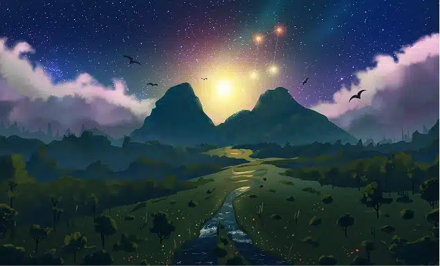 Illustration de paysage imaginaire représentant une expérience utilisateur immersive sur un site web