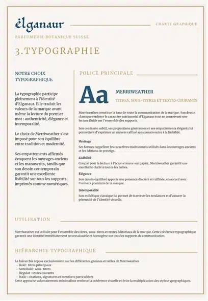 Extrait d'une charte graphique professionnelle réalisée par DesignByZen présentant la typographie, la hiérarchie visuelle et les règles d'utilisation de l'identité visuelle.