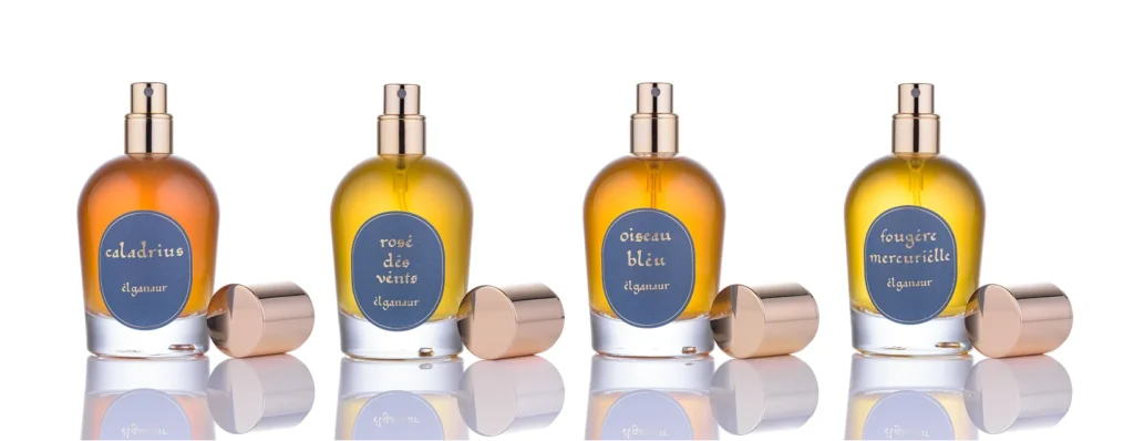 Collection des quatre parfums Elganaur illustrant l'identité visuelle, le packaging et l'univers graphique de la marque.