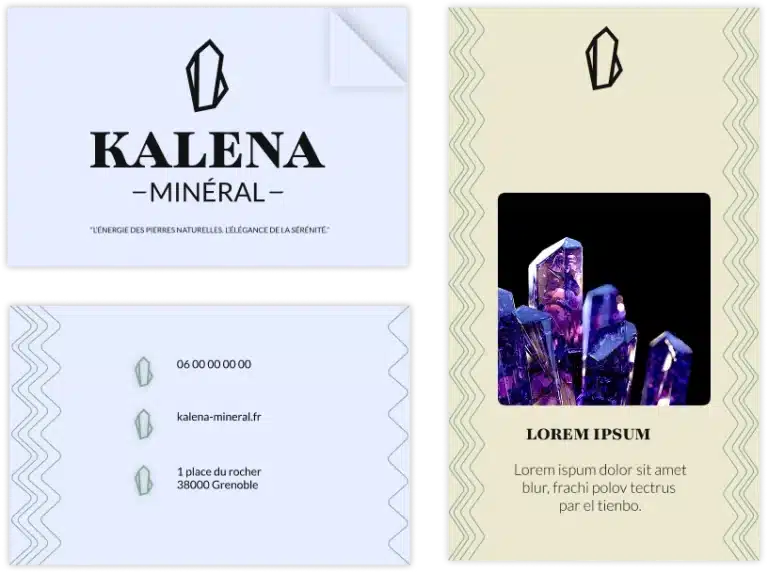 Applications de l'identité visuelle Kalena Minéral | carte de visite, papeterie et supports de communication