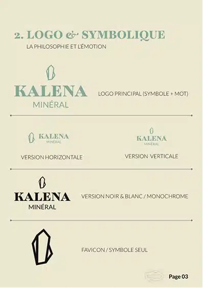 Pages de la charte graphique Kalena Minéral : guide d'utilisation du logo, pour marque artisanales de luxe