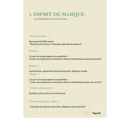 Document esprit de marque Kalena Minéral — définition des piliers stratégiques avant la création du logo