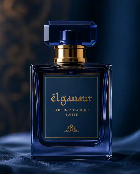 Mockup d'un flacon de parfum premium créé dans le cadre de l'identité visuelle Elganaur avec un design bleu profond et des finitions dorées.