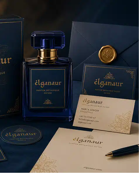 Mockup présentant l'identité visuelle Elganaur appliquée à un flacon de parfum, une carte de visite, une papeterie et des supports de communication.