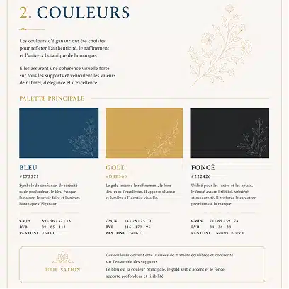 Palette de couleurs d'une charte graphique présentant les couleurs principales d'une identité visuelle créée par DesignByZen à Grenoble.