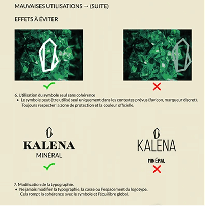 Exemple des règles d'utilisation d'un logo dans une charte graphique avec les bonnes et mauvaises pratiques de mise en page et de typographie.