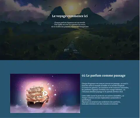 Sections immersives du site Elganaur mêlant illustrations, narration et identité visuelle.