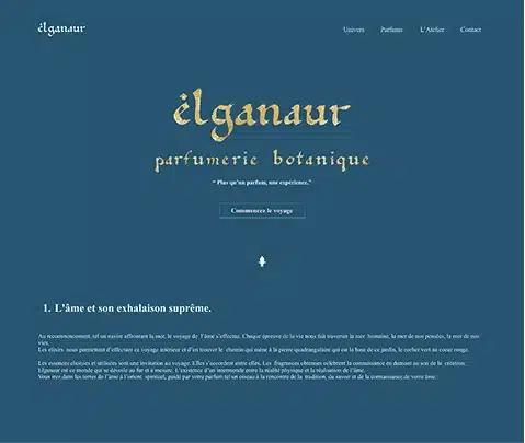 Page d'accueil du site web Elganaur conçue pour prolonger l'identité visuelle de la parfumerie artisanale.