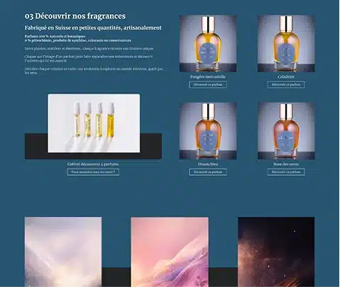 Pages produits du site web Elganaur présentant les parfums dans un univers graphique cohérent.